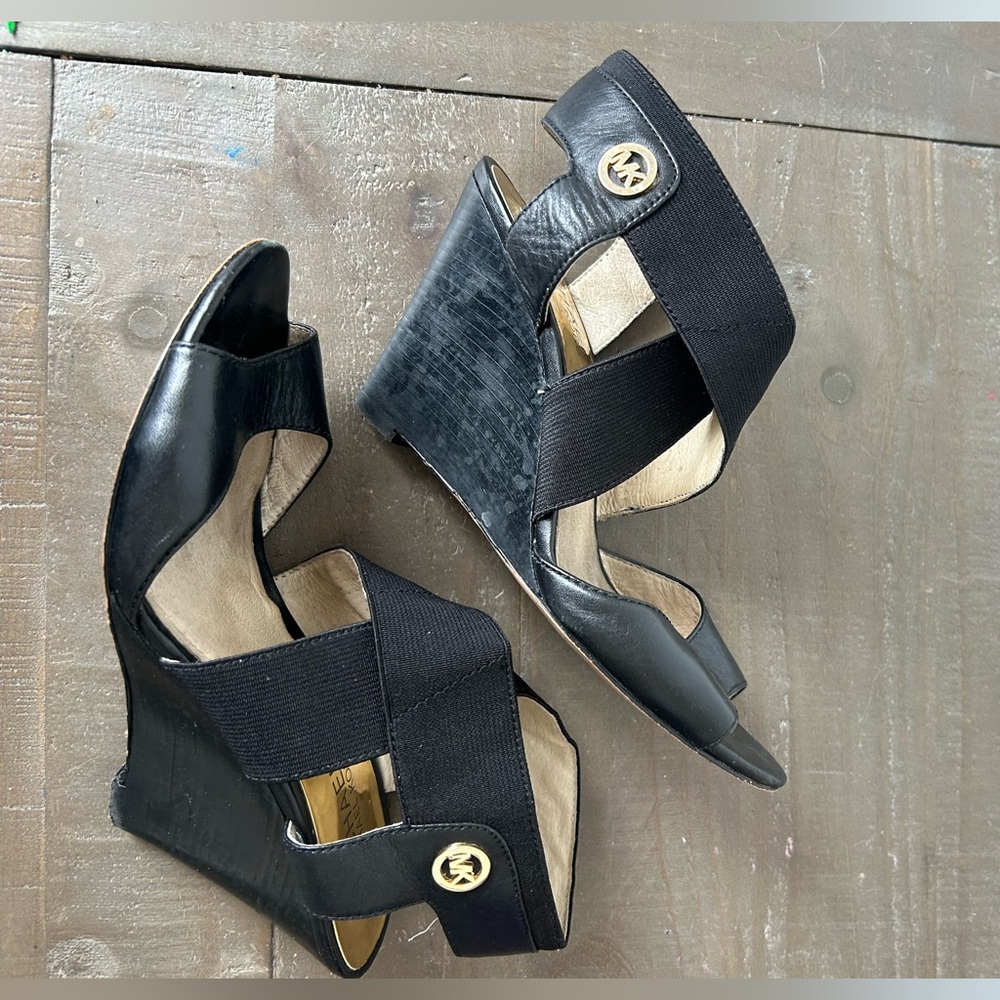 Michael Kors Black Elastic Crisscross Wedge Sandals with Gold MK Accent